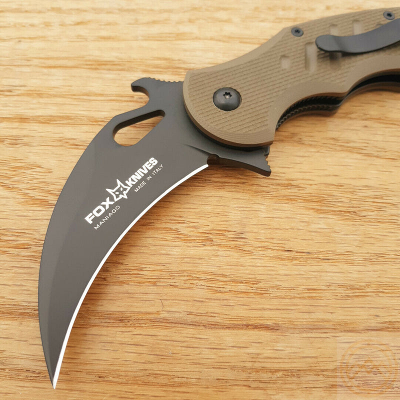 Fox Karambit linerlock Folding Knife 3" N690Co Vanadium Stainless Steel Blade Dark Earth G10 Handle 479E -Fox - Survivor Hand Precision Knives & Outdoor Gear Store
