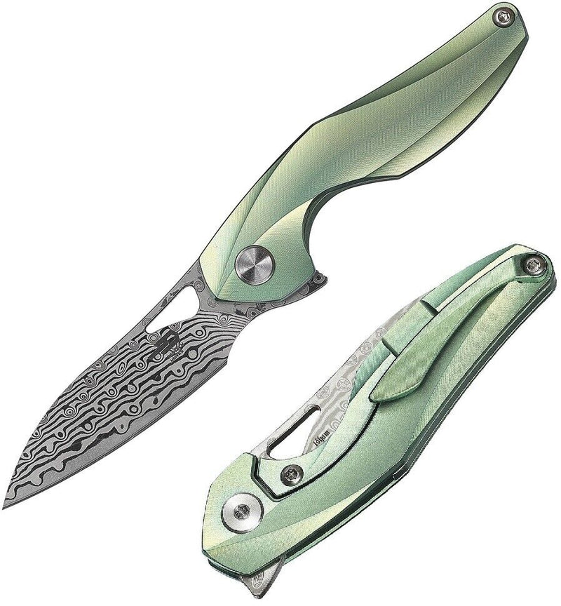 Bestech Knives The Reticulan Folding Knife 2" Damascus Steel Blade Green Titanium Handle 1810I -Bestech Knives - Survivor Hand Precision Knives & Outdoor Gear Store