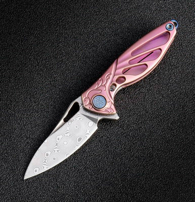 Rike Knife Hummingbird Folding 2.25" Damasteel DS93X Steel Blade Pink Titanium INIP -Rike Knife - Survivor Hand Precision Knives & Outdoor Gear Store