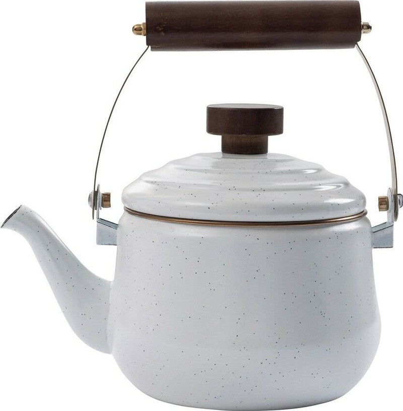 Barebones Living Enamel Teapot Eggshell 6.25" x 4.13" Baked Stainless Steel Rim/Bronze-Like Patina Walnut Handle RE398 -Barebones Living - Survivor Hand Precision Knives & Outdoor Gear Store