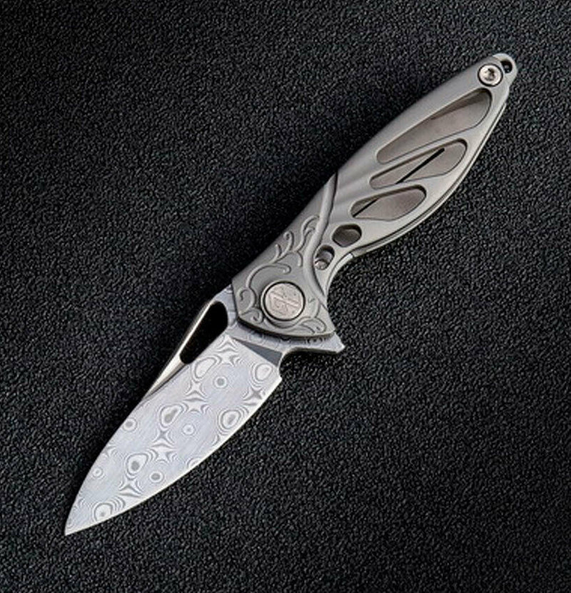 Rike Knife Hummingbird Folding 2.25" Damasteel DS93X Blade Satin Titanium Handle INIPL -Rike Knife - Survivor Hand Precision Knives & Outdoor Gear Store