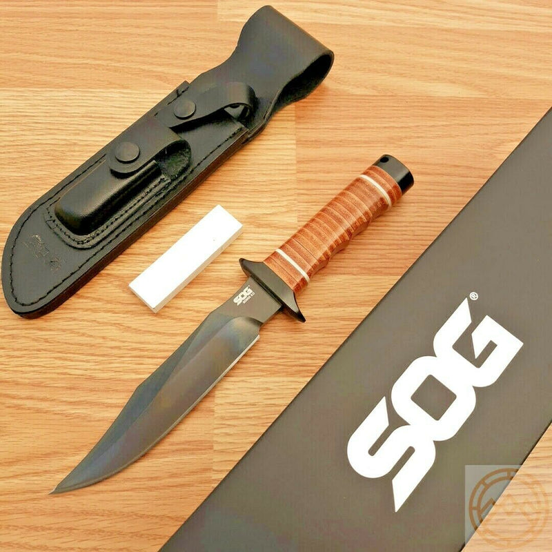 SOG Bowie 2.0 Fixed Knife 6.37" AUS-8 Steel Blade Brown Leather Washers Handle S1TL -SOG - Survivor Hand Precision Knives & Outdoor Gear Store