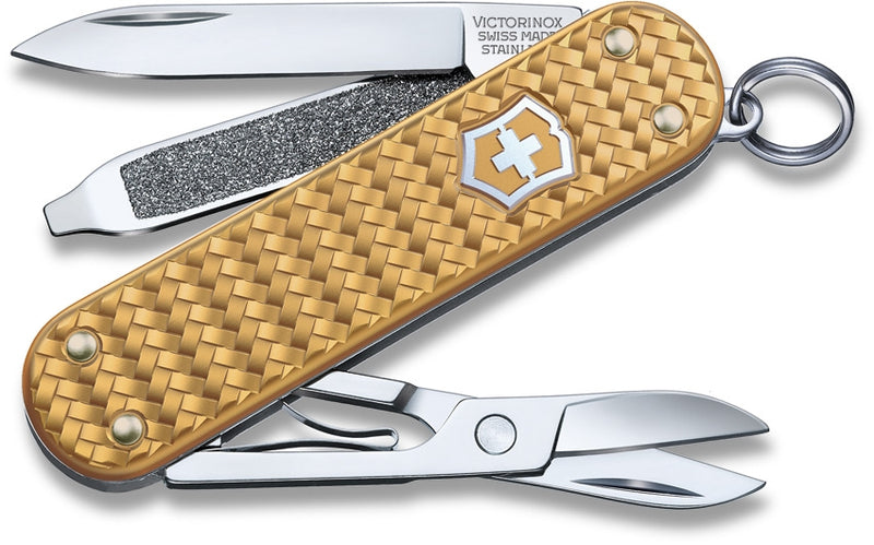 Victorinox Classic Precious Multi Tool Pocket Knife Brass Gold Woven Alox Handle 06221408G -Victorinox - Survivor Hand Precision Knives & Outdoor Gear Store