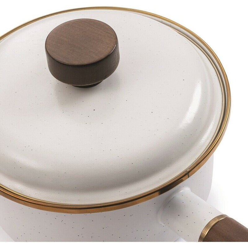 Barebones Living Enamel Saucepan Eggshell 7.75" x 3.25" Baked Stainless Steel Rim/Bronze-Like Patina Walnut Handle RE396 -Barebones Living - Survivor Hand Precision Knives & Outdoor Gear Store