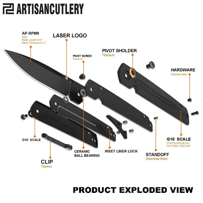 Artisan Sirius Liner Folding Knife 3.54" AR-RPM9 Steel Blade Black G-10 Handle Z1849PBBK -Artisan - Survivor Hand Precision Knives & Outdoor Gear Store