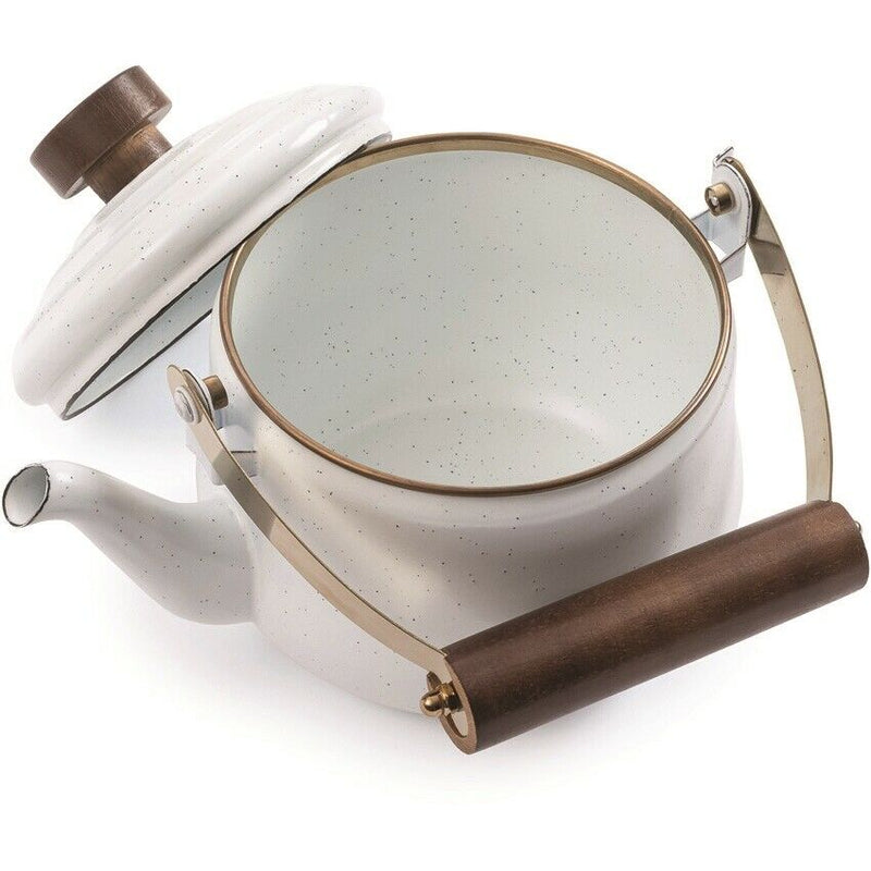 Barebones Living Enamel Teapot Eggshell 6.25" x 4.13" Baked Stainless Steel Rim/Bronze-Like Patina Walnut Handle RE398 -Barebones Living - Survivor Hand Precision Knives & Outdoor Gear Store