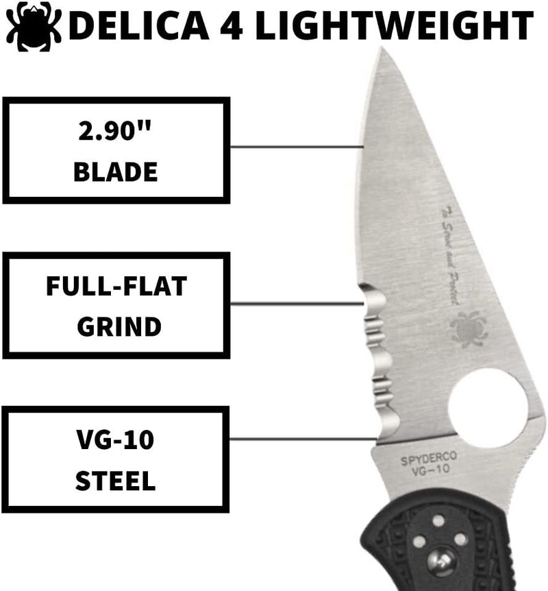 Spyderco Delica 4 Lightweight Folding Knife 2.90" Part Serrated VG-10 Steel Blade FRN Handle 11FPSBKBL -Spyderco - Survivor Hand Precision Knives & Outdoor Gear Store