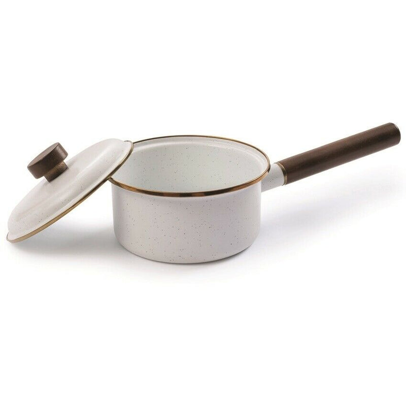 Barebones Living Enamel Saucepan Eggshell 7.75" x 3.25" Baked Stainless Steel Rim/Bronze-Like Patina Walnut Handle RE396 -Barebones Living - Survivor Hand Precision Knives & Outdoor Gear Store