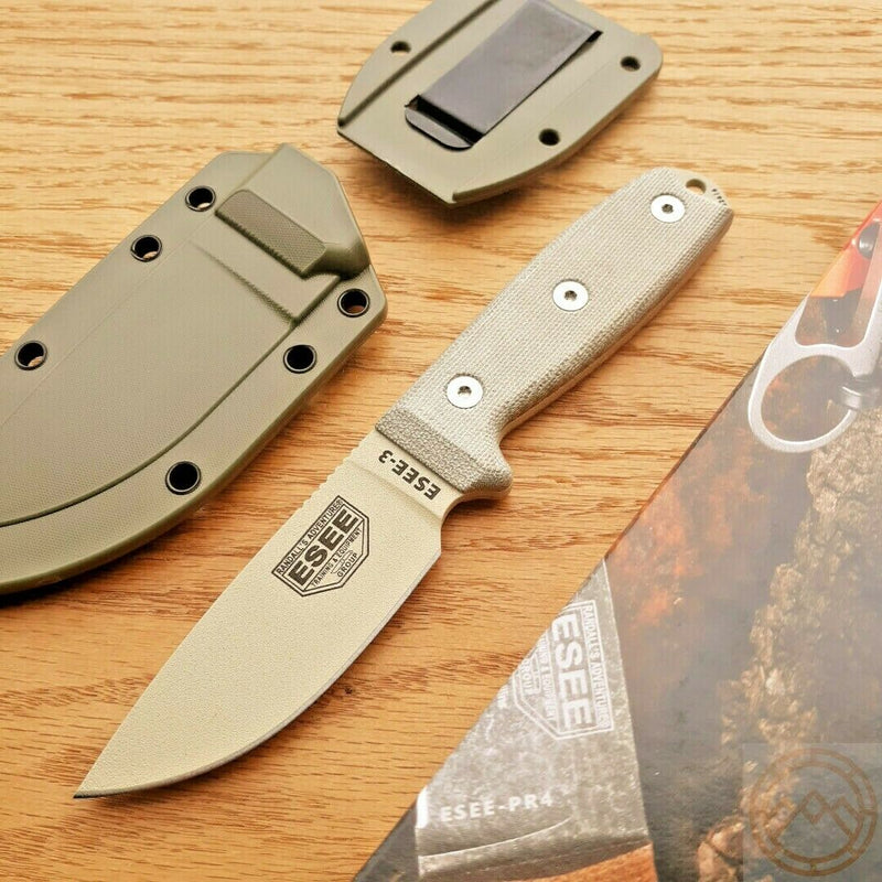 ESEE Model 3 Fixed Knife 3.75" 1095HC Steel Full Tang Blade Tan Micarta Handle -ESEE - Survivor Hand Precision Knives & Outdoor Gear Store