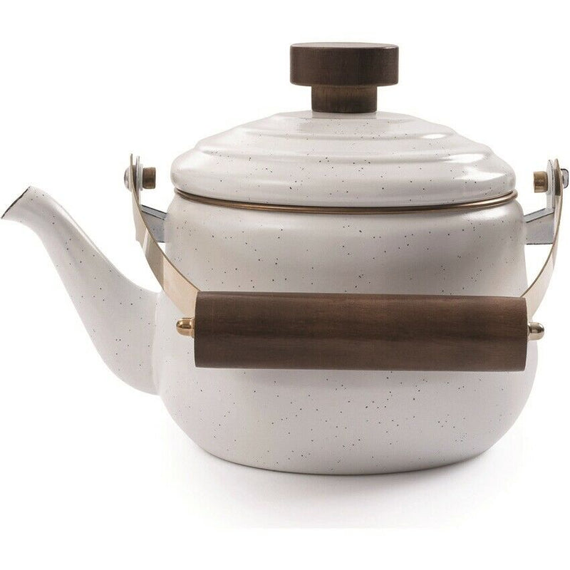 Barebones Living Enamel Teapot Eggshell 6.25" x 4.13" Baked Stainless Steel Rim/Bronze-Like Patina Walnut Handle RE398 -Barebones Living - Survivor Hand Precision Knives & Outdoor Gear Store