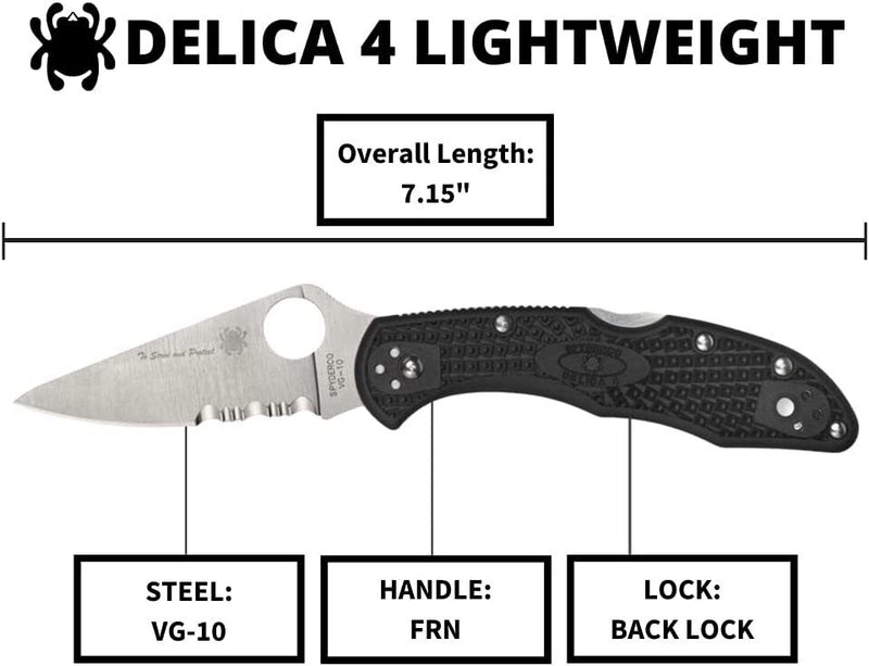 Spyderco Delica 4 Lightweight Folding Knife 2.90" Part Serrated VG-10 Steel Blade FRN Handle 11FPSBKBL -Spyderco - Survivor Hand Precision Knives & Outdoor Gear Store