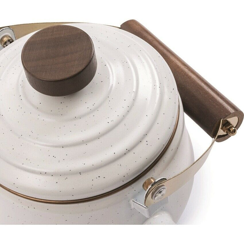 Barebones Living Enamel Teapot Eggshell 6.25" x 4.13" Baked Stainless Steel Rim/Bronze-Like Patina Walnut Handle RE398 -Barebones Living - Survivor Hand Precision Knives & Outdoor Gear Store