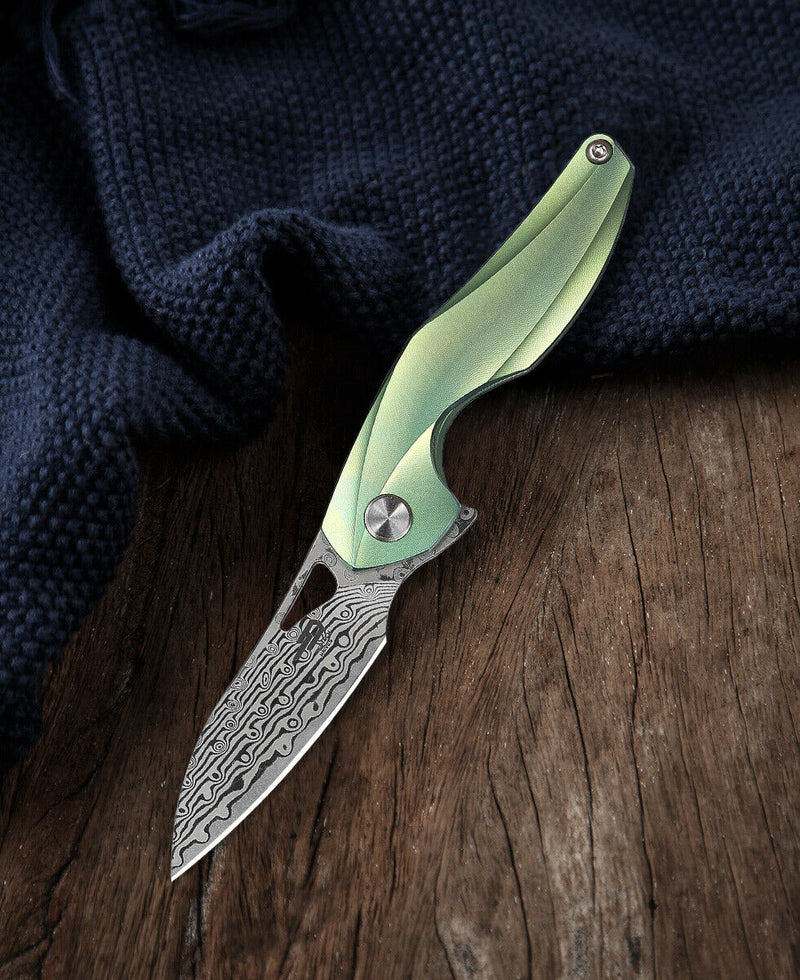 Bestech Knives The Reticulan Folding Knife 2" Damascus Steel Blade Green Titanium Handle 1810I -Bestech Knives - Survivor Hand Precision Knives & Outdoor Gear Store