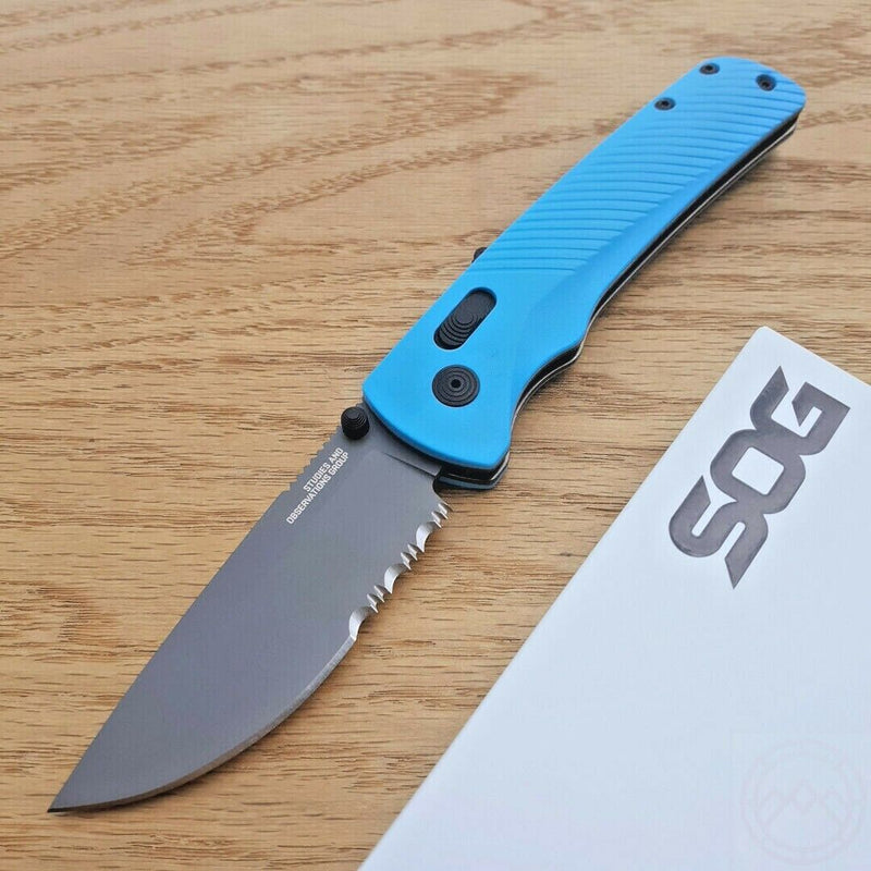 SOG Flash MK3 AT-XR Lock A/O Folding Knife 3.38" Part Serrated D2 Tool Steel Blade Blue GRN Handle 11180457 -SOG - Survivor Hand Precision Knives & Outdoor Gear Store