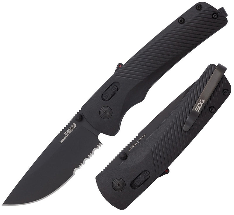 SOG Flash MK3 AT-XR Lock A/O Folding Knife 3.38" Part Serrated D2 Tool Steel Drop Point Blade Black GRN Handle 11180257 -SOG - Survivor Hand Precision Knives & Outdoor Gear Store