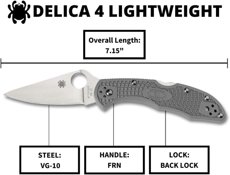 Spyderco Delica Lockback Folding Knife 3" VG-10 Steel Blade Gray FRN Handle C11FPGY -Spyderco - Survivor Hand Precision Knives & Outdoor Gear Store