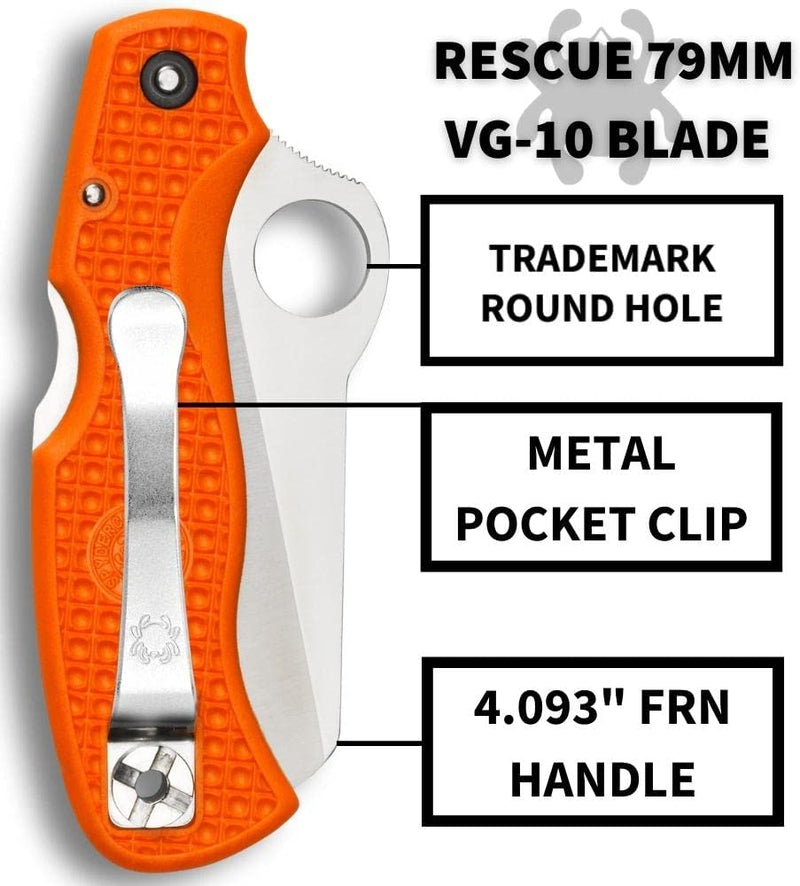 Spyderco Rescue Lockback 79mm Folding Knife 3" Serrated VG-10 Steel Blade FRN Handle 45SOR -Spyderco - Survivor Hand Precision Knives & Outdoor Gear Store