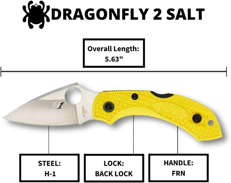 Spyderco Dragonfly2 Salt Folding Knife 2.37" H1 Steel Blade Yellow FRN Handle 28PYL2 -Spyderco - Survivor Hand Precision Knives & Outdoor Gear Store