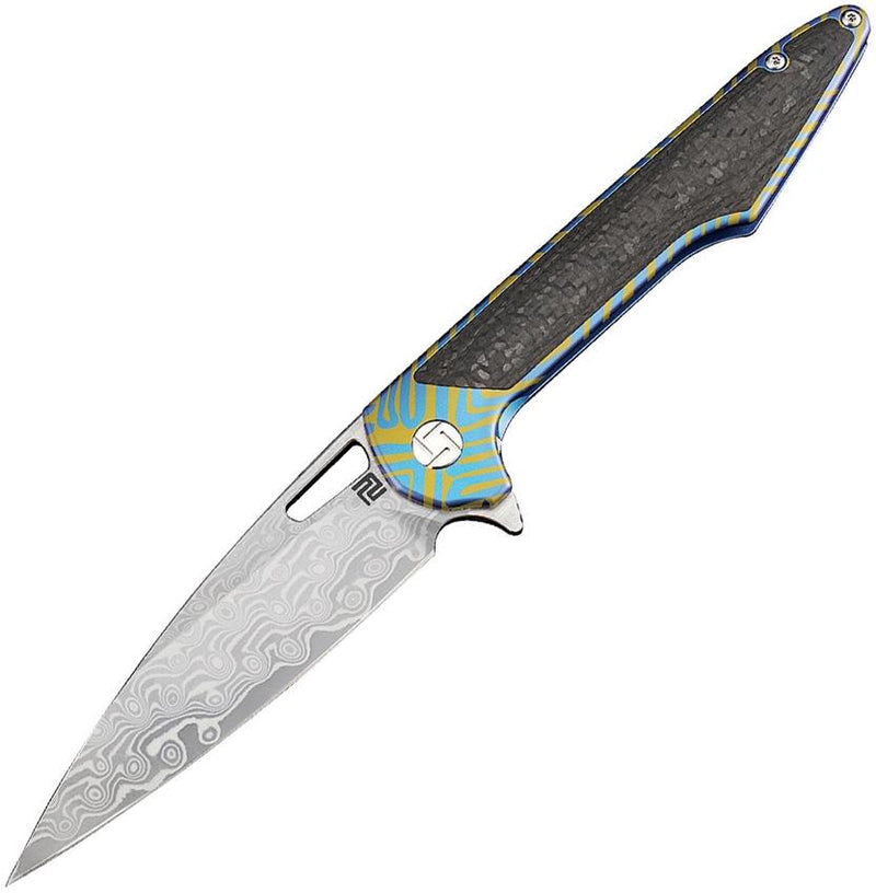 Artisan Cutlery Archaeo Framelock Folding Knife 3.75" Damascus Steel Blade Blue/Gold Titanium Handle 1821GDBU03 -Artisan Cutlery - Survivor Hand Precision Knives & Outdoor Gear Store