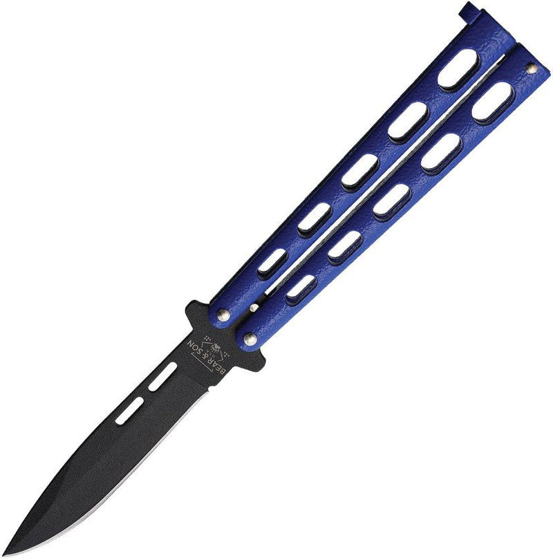 Bear & Son Butterfly Folding Knife 3.5" Black Powder Coated Stainless Steel Spear Point Blade Blue Zinc Handle 115BL -Bear & Son - Survivor Hand Precision Knives & Outdoor Gear Store