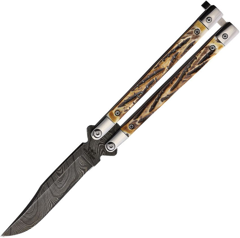 Bear & Son Butterfly Folding Knife 3.27" Damascus Steel Clip Point Blade Elk Stag Handle 517D -Bear & Son - Survivor Hand Precision Knives & Outdoor Gear Store