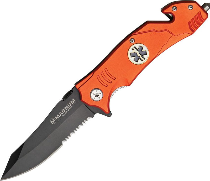 Boker Magnum Rescue Linerlock Folding Knife 3.38" 440 Steel Blade Orange Aluminum Handle M01LL472 -Boker Magnum - Survivor Hand Precision Knives & Outdoor Gear Store