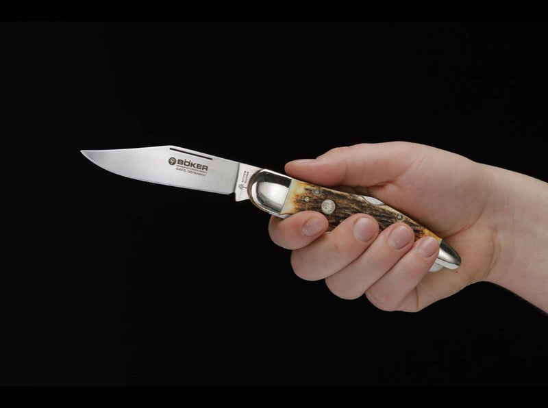 Boker Folding Hunter Pocket Knife 440C Steel Clip Point Blades Stag Handle 114021S -Boker - Survivor Hand Precision Knives & Outdoor Gear Store