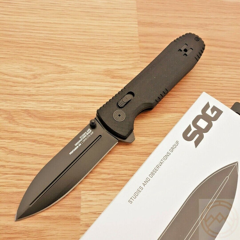 SOG Pentagon XR Lock Blackout Folding Knife 3.63" Oxide Coated CTS-XHP Stainless Spear Point Blade Black G10 Handle 12610141 -SOG - Survivor Hand Precision Knives & Outdoor Gear Store