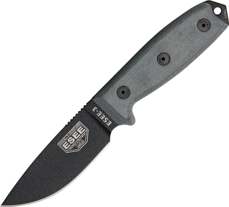 ESEE Model 3 Fixed Knife 3.75" Black Powder Coated 1095HC Steel Blade Linen Micarta Handle 3PB -ESEE - Survivor Hand Precision Knives & Outdoor Gear Store