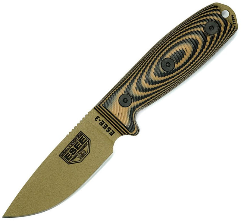 ESEE Model 3 Fixed Knife 3.88" Dark Earth Powder Coated 1095HC Steel Blade Black And Coyote Brown 3D Machined G10 Handle 3PMDE005 -ESEE - Survivor Hand Precision Knives & Outdoor Gear Store