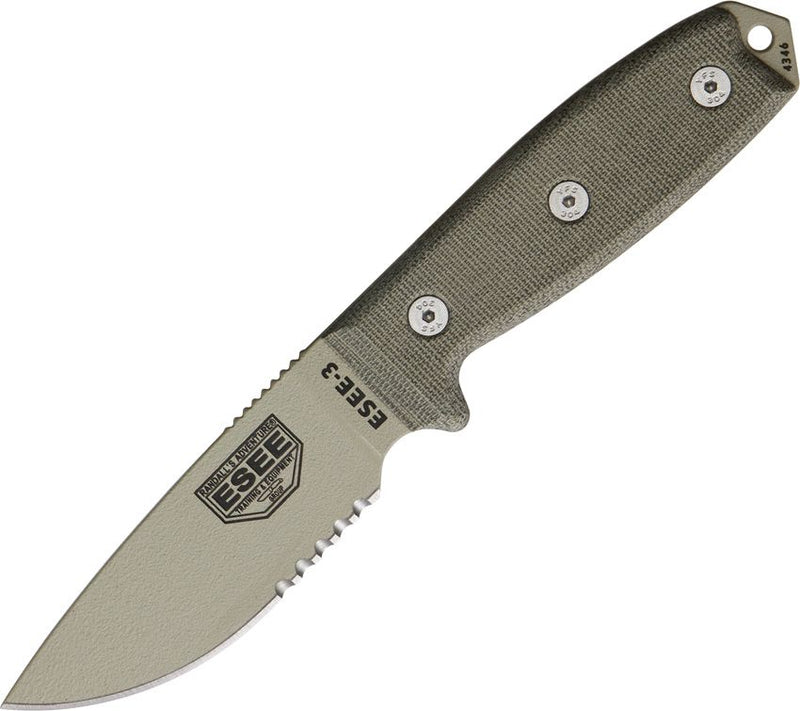 ESEE Model 3 Fixed Knife 3.75" Desert Tan Powder Coated Part Serrated 1095HC Steel Blade Micarta Handle 3SKODT -ESEE - Survivor Hand Precision Knives & Outdoor Gear Store