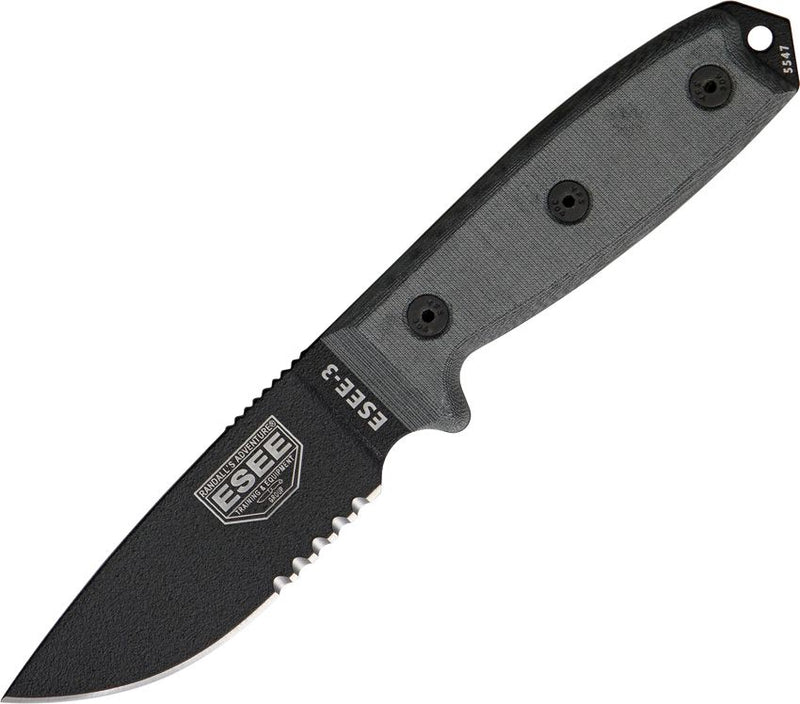 ESEE Model 3 Fixed Knife 3.75" Black Powder Coated Part Serrated 1095HC Steel Blade Micarta Handle 3SKO -ESEE - Survivor Hand Precision Knives & Outdoor Gear Store