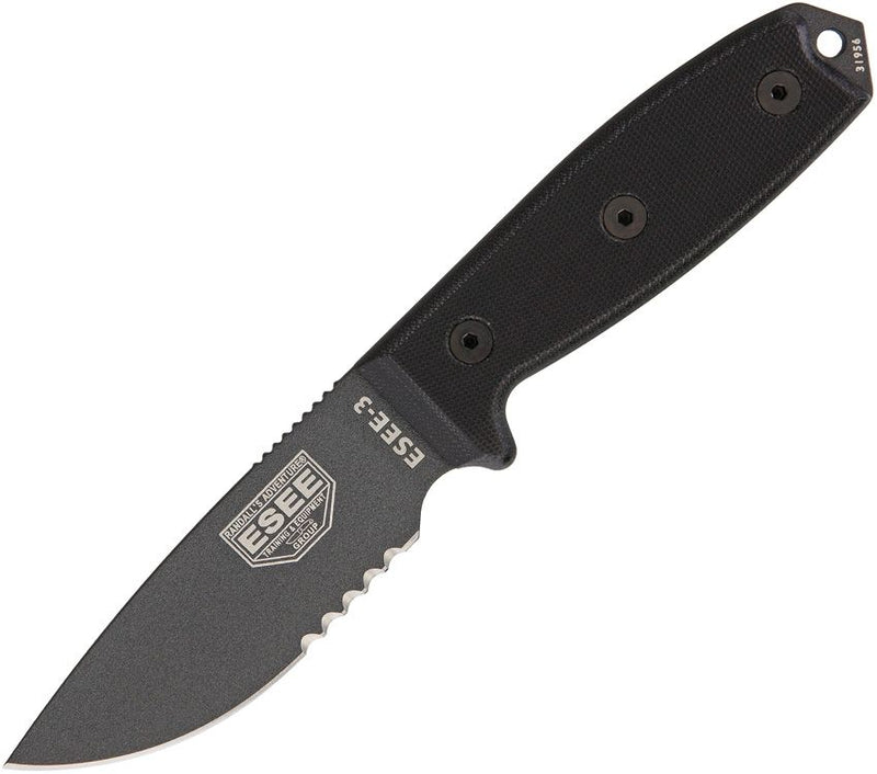 ESEE Model 3 Fixed Knife 3.75" Black Powder Coated Part Serrated 1095HC Steel Blade Micarta Handle 3STGB -ESEE - Survivor Hand Precision Knives & Outdoor Gear Store