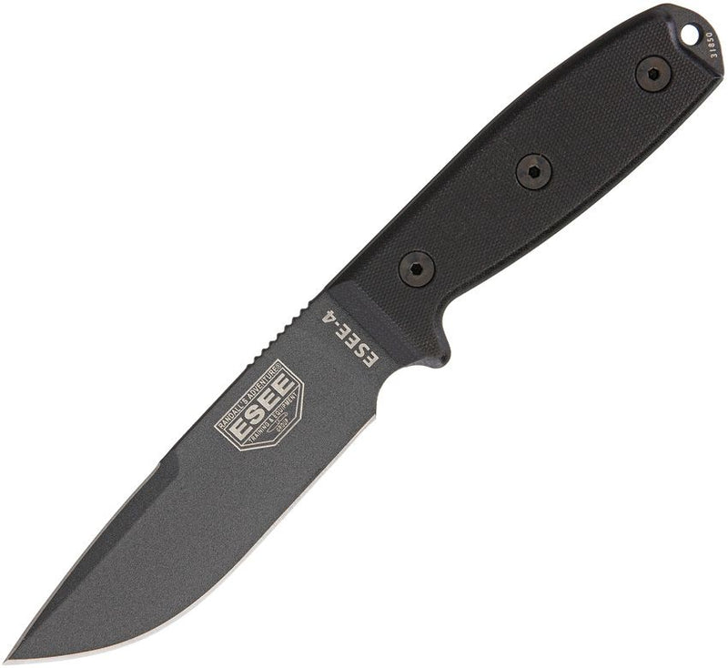 ESEE Model 4 Tactical Fixed Knife 4.5" Black Powder Coated Double Edge 1095HC Steel Blade Micarta Handle 4PCPTGB -ESEE - Survivor Hand Precision Knives & Outdoor Gear Store