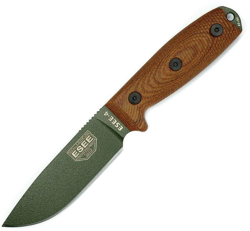 ESEE Model 4 Fixed Knife 4.5" OD Green Powder Coated 1095HC Steel Blade Natural Canvas Micarta Handle 4POD011 -ESEE - Survivor Hand Precision Knives & Outdoor Gear Store