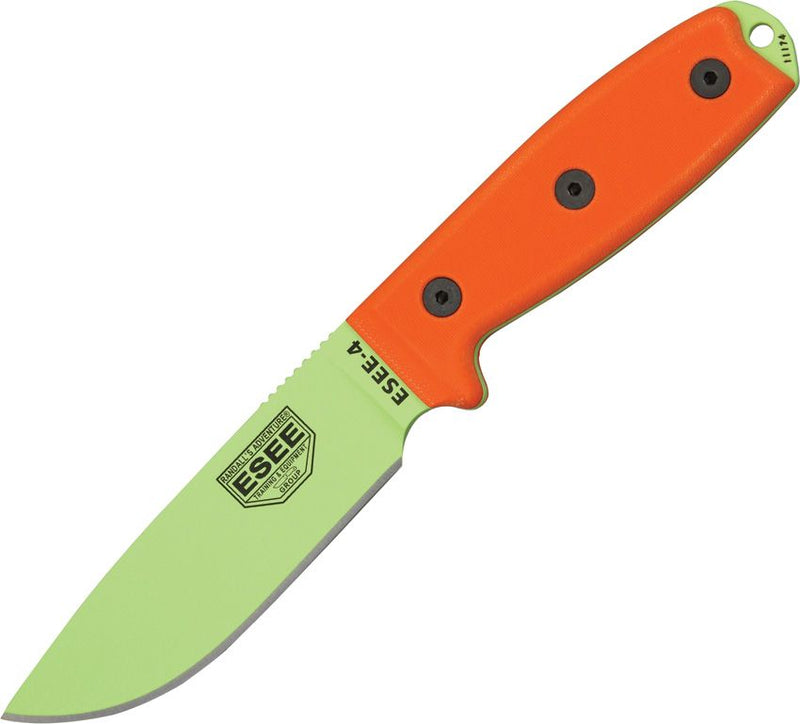 ESEE Model 4 Fixed Knife 4.5" Green Powder Coated 1095HC Steel Blade Orange G10 Handle 4PVG -ESEE - Survivor Hand Precision Knives & Outdoor Gear Store