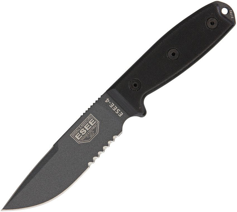 ESEE Model 4 Tactical Fixed Knife 4.5" Black Powder Coated Part Serrated 1095HC Steel Blade Micarta Handle 4SCPTGB -ESEE - Survivor Hand Precision Knives & Outdoor Gear Store