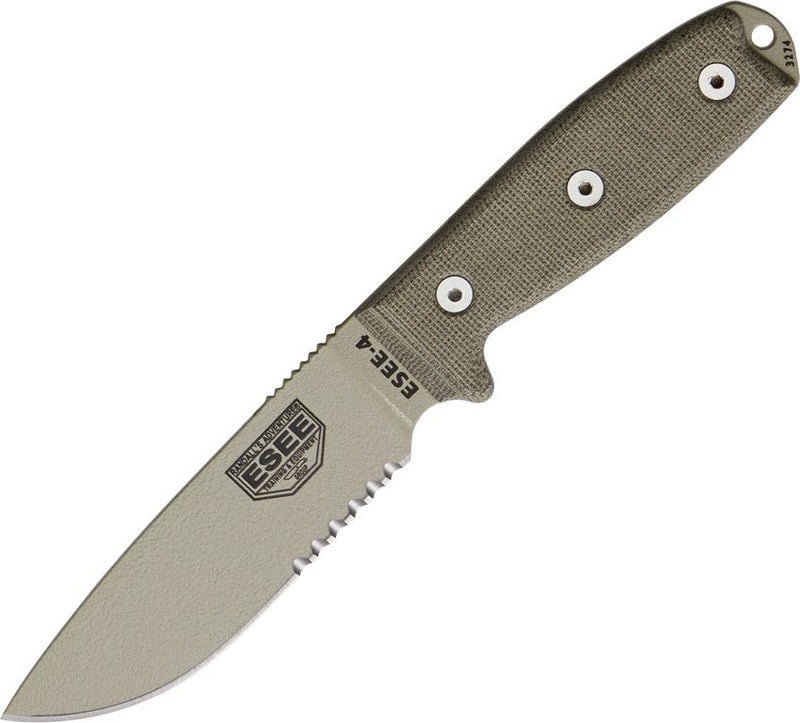 ESEE Model 4 Fixed Knife 4.5" Desert Tan Powder Coated Part Serrated 1095HC Steel Blade OD Green Micarta Handle 4SMBDT -ESEE - Survivor Hand Precision Knives & Outdoor Gear Store