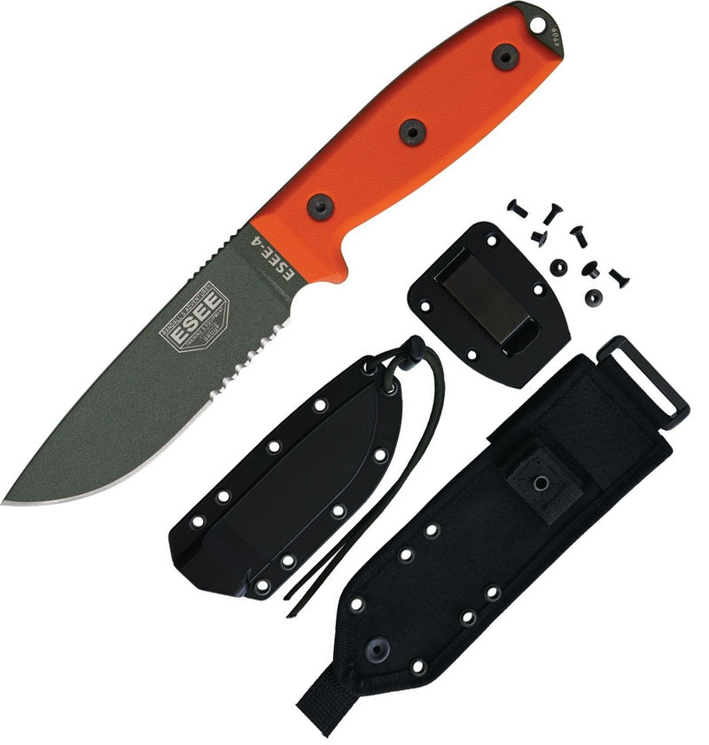 ESEE Model 4 Fixed Knife 4.5" Foliage Green Powder Coated Part Serrated 1095HC Steel Blade Orange G10 Handle 4SMBOD -ESEE - Survivor Hand Precision Knives & Outdoor Gear Store