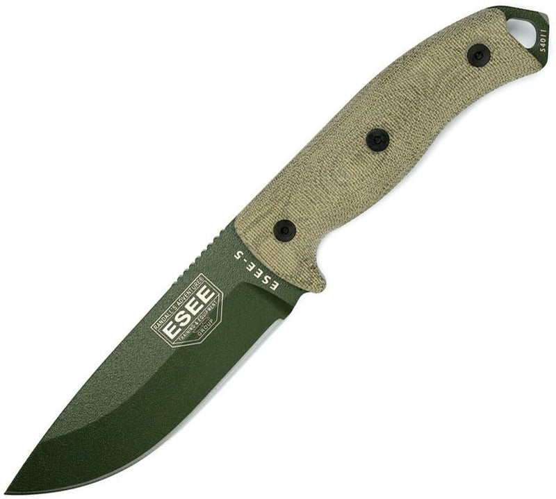 ESEE Model 5 Fixed Knife 5.25" OD Green Powder Coated 1095HC Steel Blade Canvas Micarta Handle 5POD0017 -ESEE - Survivor Hand Precision Knives & Outdoor Gear Store