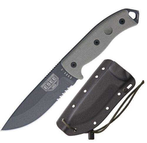 ESEE Model 5 Tactical Fixed Knife 5.25" Part Serrated 1095HC Steel Blade Canvas Micarta Handle 5STG -ESEE - Survivor Hand Precision Knives & Outdoor Gear Store