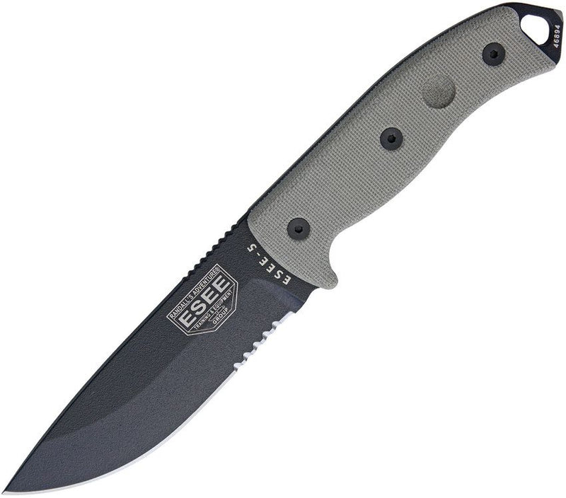 ESEE Model 5 Fixed Knife 5.25" Black Powder Coated Part Serrated 1095HC Steel Blade Micarta Handle 5SKOBK -ESEE - Survivor Hand Precision Knives & Outdoor Gear Store