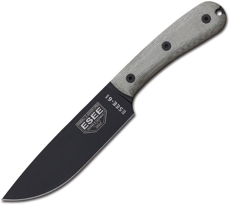 ESEE Model 6 Fixed Knife 6" Black Powder Coated 1095HC Steel Drop Point Blade Green Canvas Micarta Handle 6HM -ESEE - Survivor Hand Precision Knives & Outdoor Gear Store