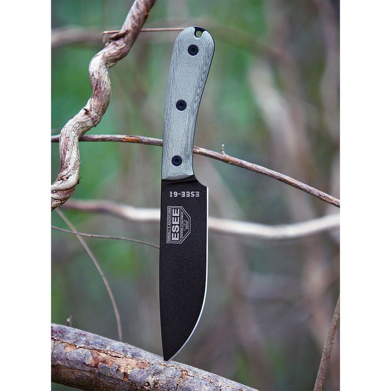 ESEE Model 6 Fixed Knife 6" Black Powder Coated 1095HC Steel Drop Point Blade Green Canvas Micarta Handle 6HM -ESEE - Survivor Hand Precision Knives & Outdoor Gear Store