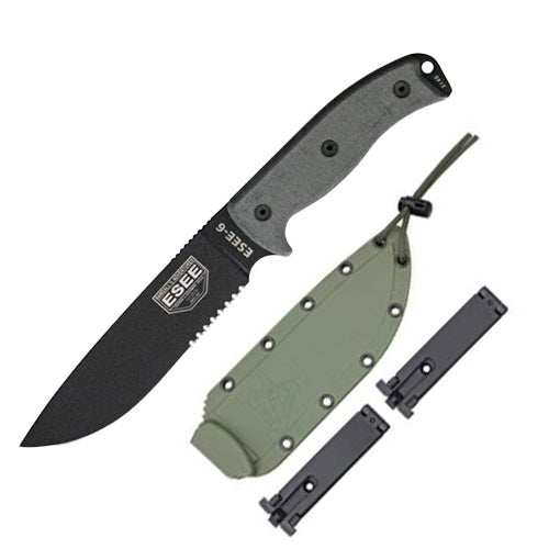 ESEE Model 6 Fixed Knife 5.75" Black Powder Coated Part Serrated 1095HC Steel Blade Linen Micarta Handle 6SOD -ESEE - Survivor Hand Precision Knives & Outdoor Gear Store