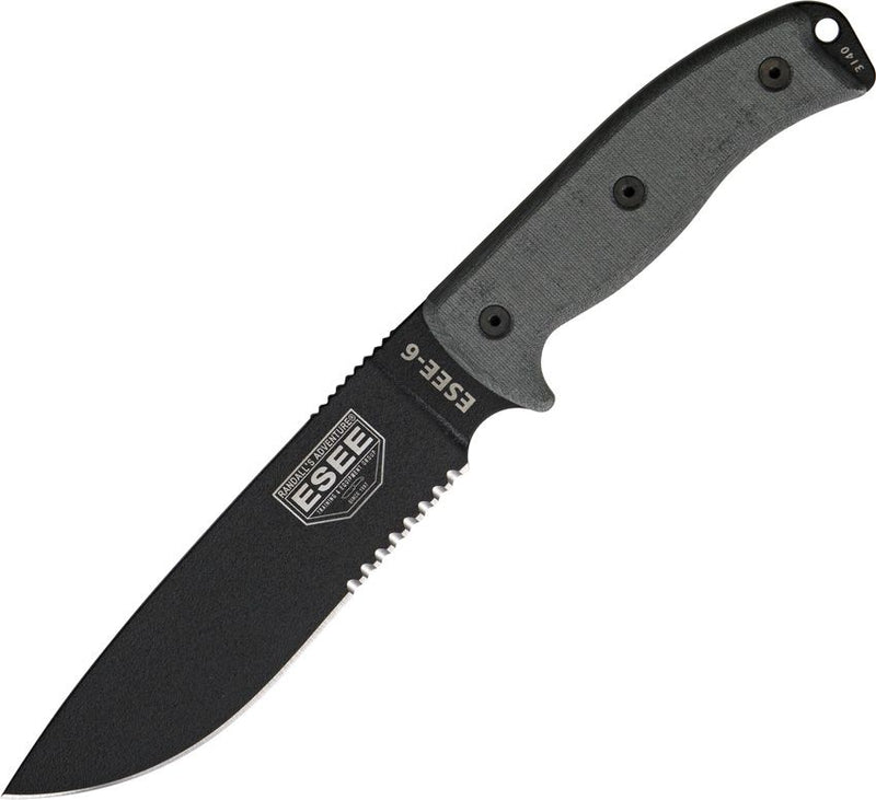 ESEE Model 6 Fixed Knife 5.75" Black Powder Coated Part Serrated 1095HC Steel Blade Linen Micarta Handle 6SKOBK -ESEE - Survivor Hand Precision Knives & Outdoor Gear Store