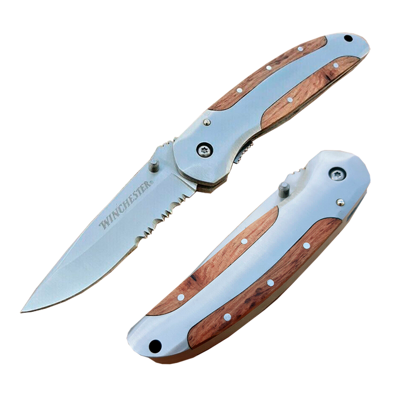 Winchester Liner Folding Knife Stainless Drop Point Partially Serrated Blade Brushed/Wood Handle 1335 -Winchester - Survivor Hand Precision Knives & Outdoor Gear Store