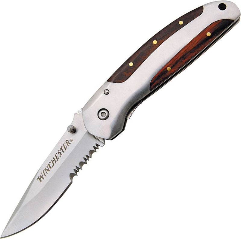 Winchester Liner Folding Knife Stainless Drop Point Partially Serrated Blade Brushed/Wood Handle 1335 -Winchester - Survivor Hand Precision Knives & Outdoor Gear Store