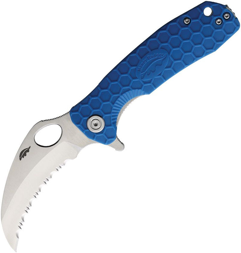 Honey Badger Knives Medium Folding Knife 3" Serrated D2 Tool Steel Claw Blade Blue Textured GRN Handle 1128 -Honey Badger Knives - Survivor Hand Precision Knives & Outdoor Gear Store