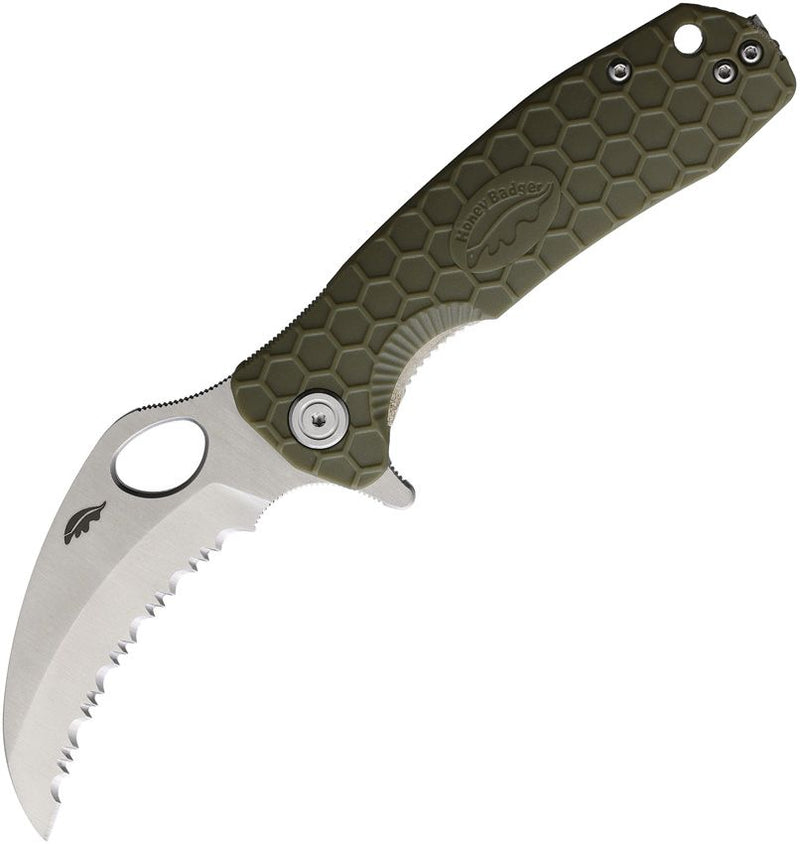 Honey Badger Knives Medium Liner Folding Knife 3" Serrated 8Cr13MoV Steel Claw Blade Green Textured GRN Handle 1133 -Honey Badger Knives - Survivor Hand Precision Knives & Outdoor Gear Store